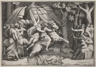 Clelia Crossing the Tiber, by Giulio Bonasone, ink, 1545