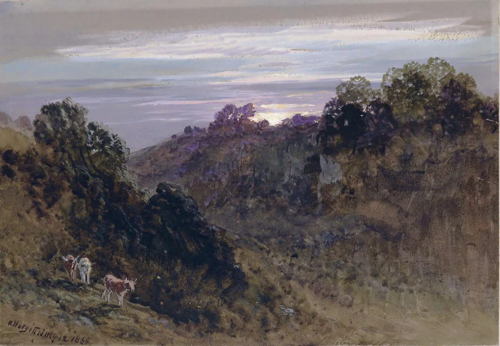 Hilly Landscape - Sunset, by Edward Hargitt, watercolor, 1869