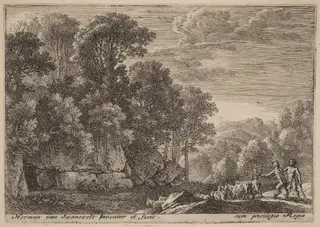 Two Satyrs Tending a Flock of Goats, by Herman van Swanevelt, ink, 1628