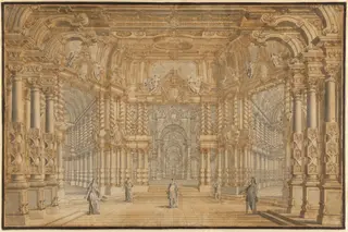 A Stage Design for an Opera with Actors, by Giuseppe Galli Bibiena, ink, 1750