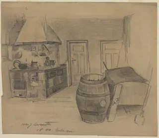 Interior, by Lovis Corinth, graphite, 1880