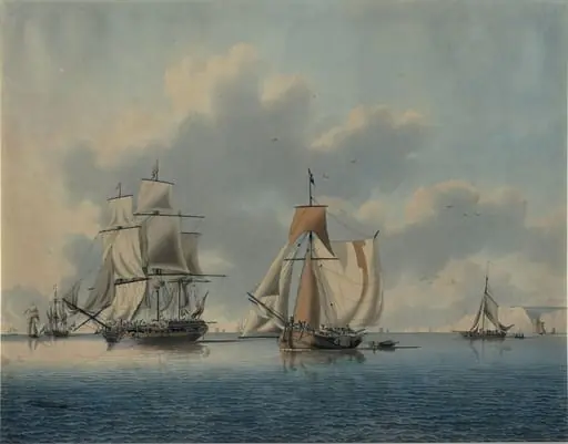 A frigate and Dutch fishing boats off the Isle of Wight, by John the younger Cleveley, watercolor, 1778