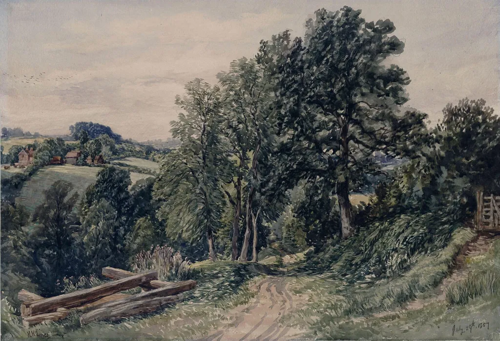Landscape and cottages, with sawpit, Tedstone, Herefordshire, by Henry Harris Lines, watercolor, 1857
