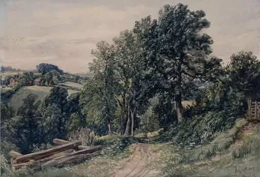 Landscape and cottages, with sawpit, Tedstone, Herefordshire, by Henry Harris Lines, watercolor, 1857