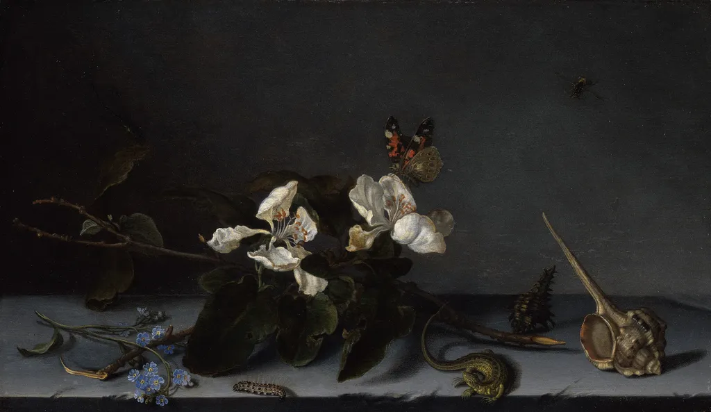 Still Life with Apple Blossoms, by Balthasar van der Ast, oil, 1635