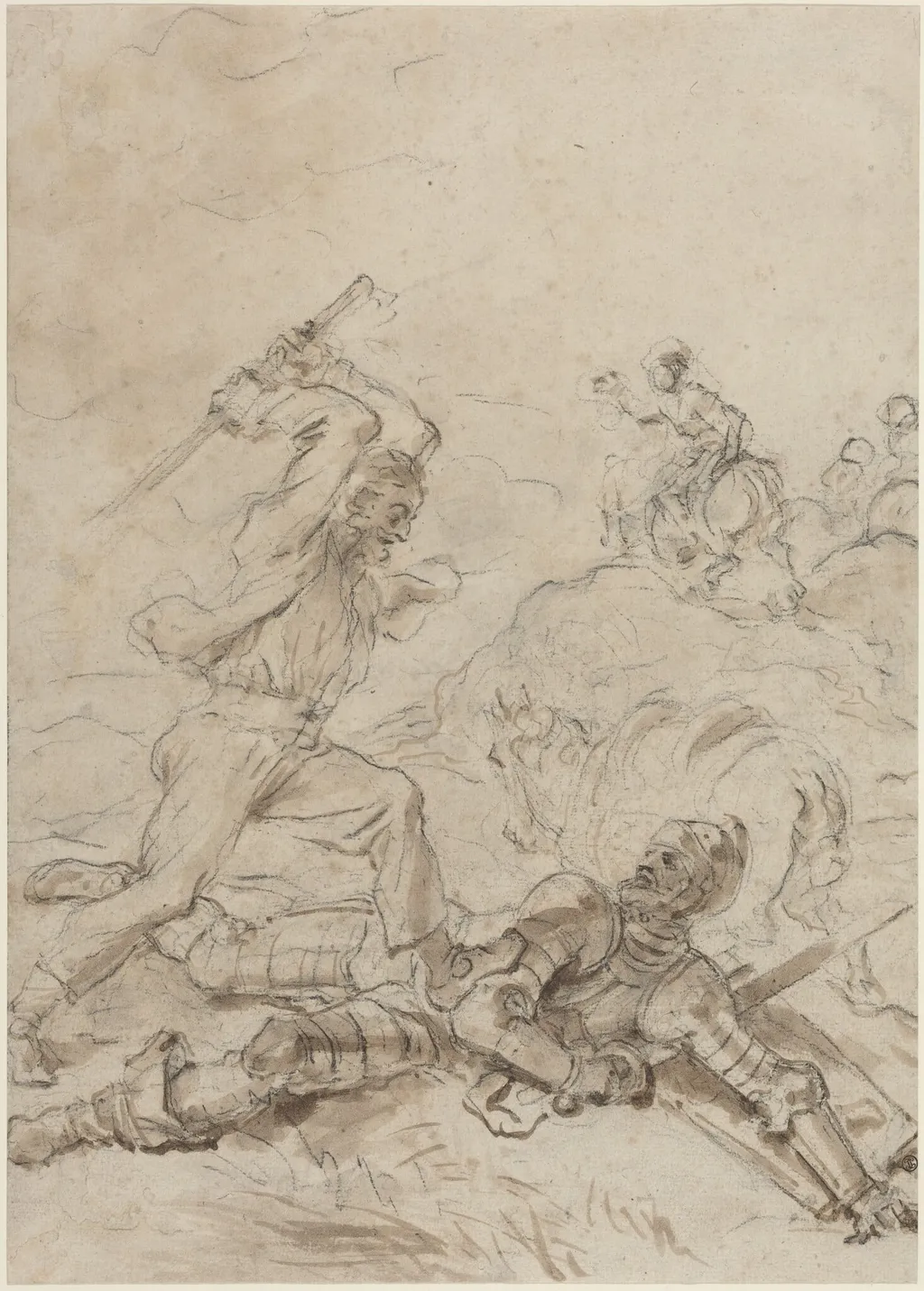 The Muleteer Attacking Don Quixote as He Lies Helpless on the Ground, by Jean Honoré Fragonard, chalk, 1784