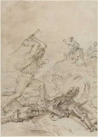 The Muleteer Attacking Don Quixote as He Lies Helpless on the Ground, by Jean Honoré Fragonard, chalk, 1784