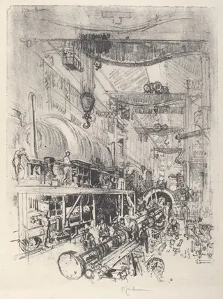 Making a Turbine Engine, by Joseph Pennell, ink, 1917