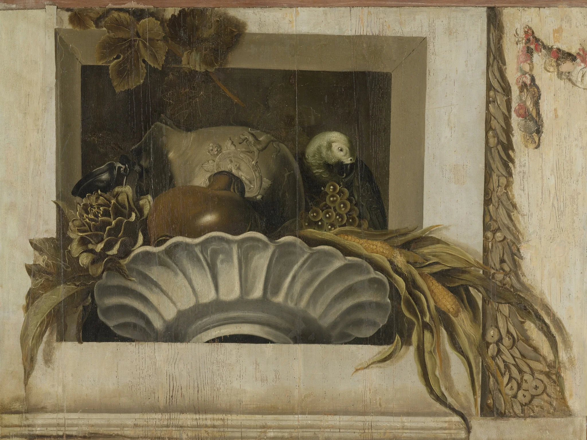 Still a Bowl of Corn, Artichokes, Grapes and a Parrot, detail