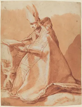 Seated Bishop, by Abraham Bloemaert, ink, 1625
