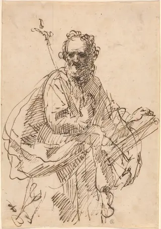 A Standing Saint with a Crucifix and a Book, by Francisco Herrera II, ink, 1664