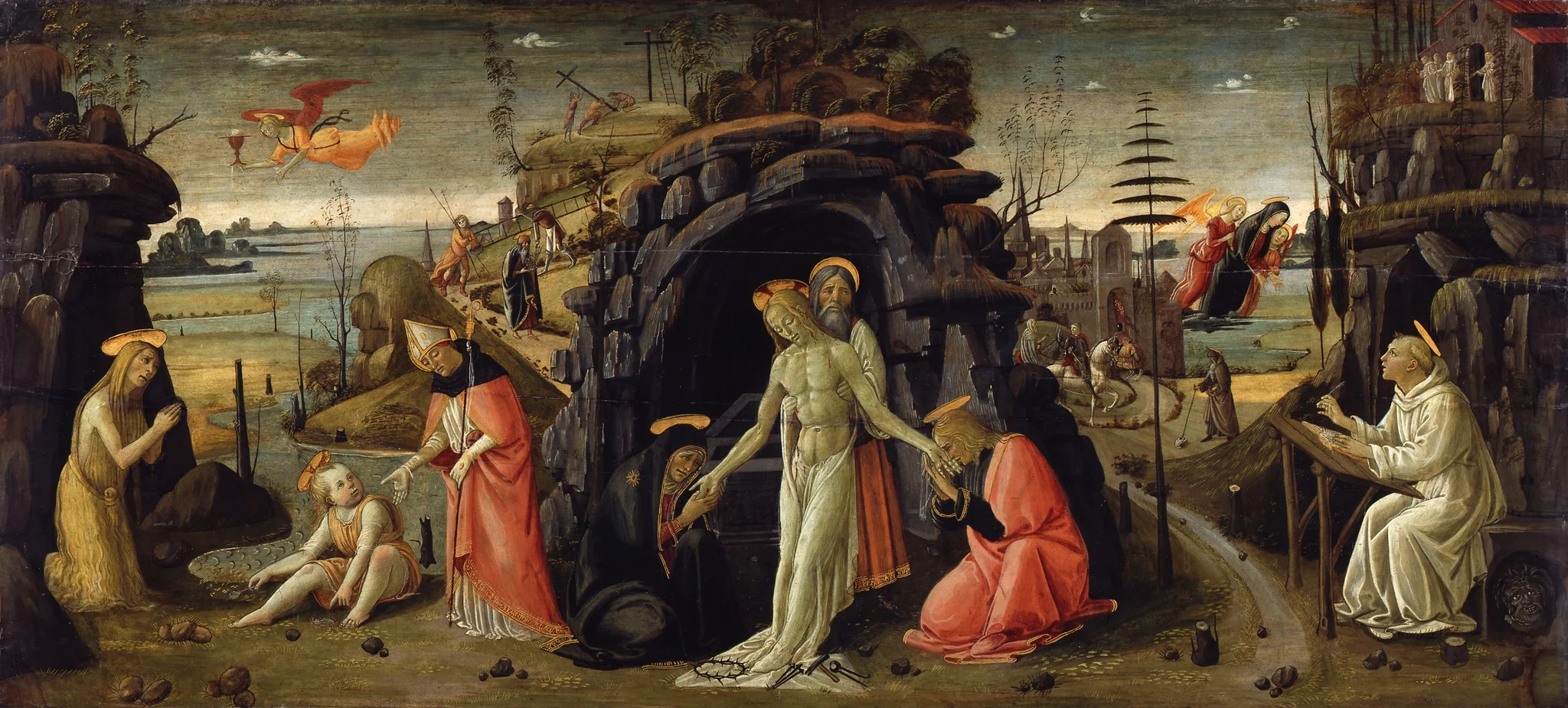 Landscape with biblical scenes and scenes from the legends of saints, detail