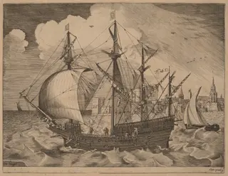 Armed Four-Master Putting Out to Sea, by Frans Huys, ink