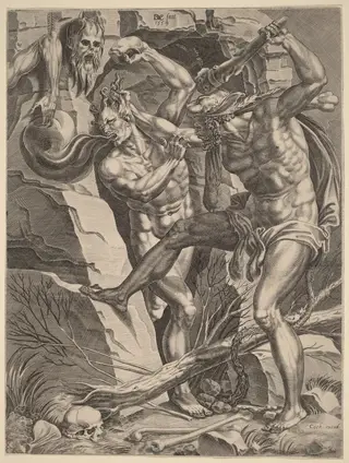 Hercules Killing Cacus, by Dirck Volckertz Coornhert, ink, 1554