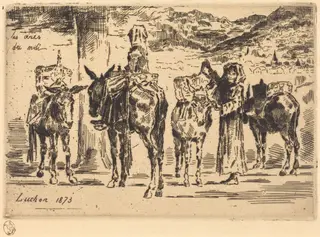 Feuilles d'Anes du Midi (Sheet of Donkeys from the South), by Félix-Hilaire Buhot, ink, 1873