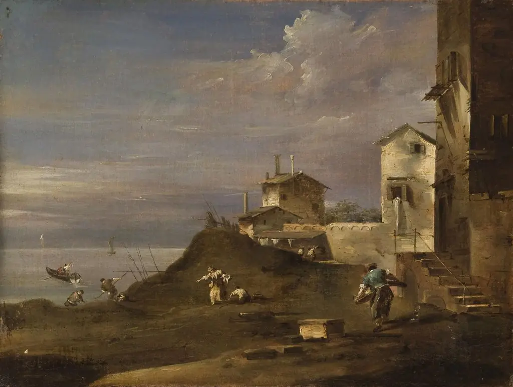 Landscape with Cottages on Dunes, by Francesco Guardi, oil, 1762