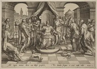 Moses and Aaron before the Pharoah, by Johan Wierix, ink, 1585
