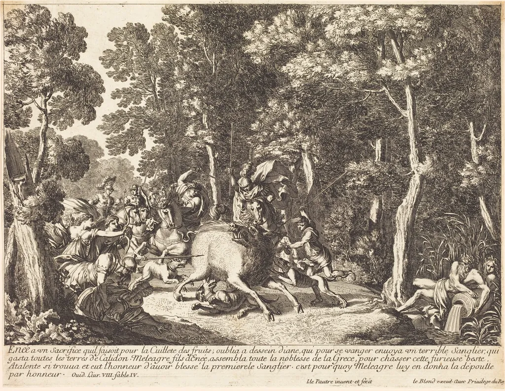 Atlanta and Meleager Hunting the Boar of Calydon, by Jean Lepautre, ink, 1650