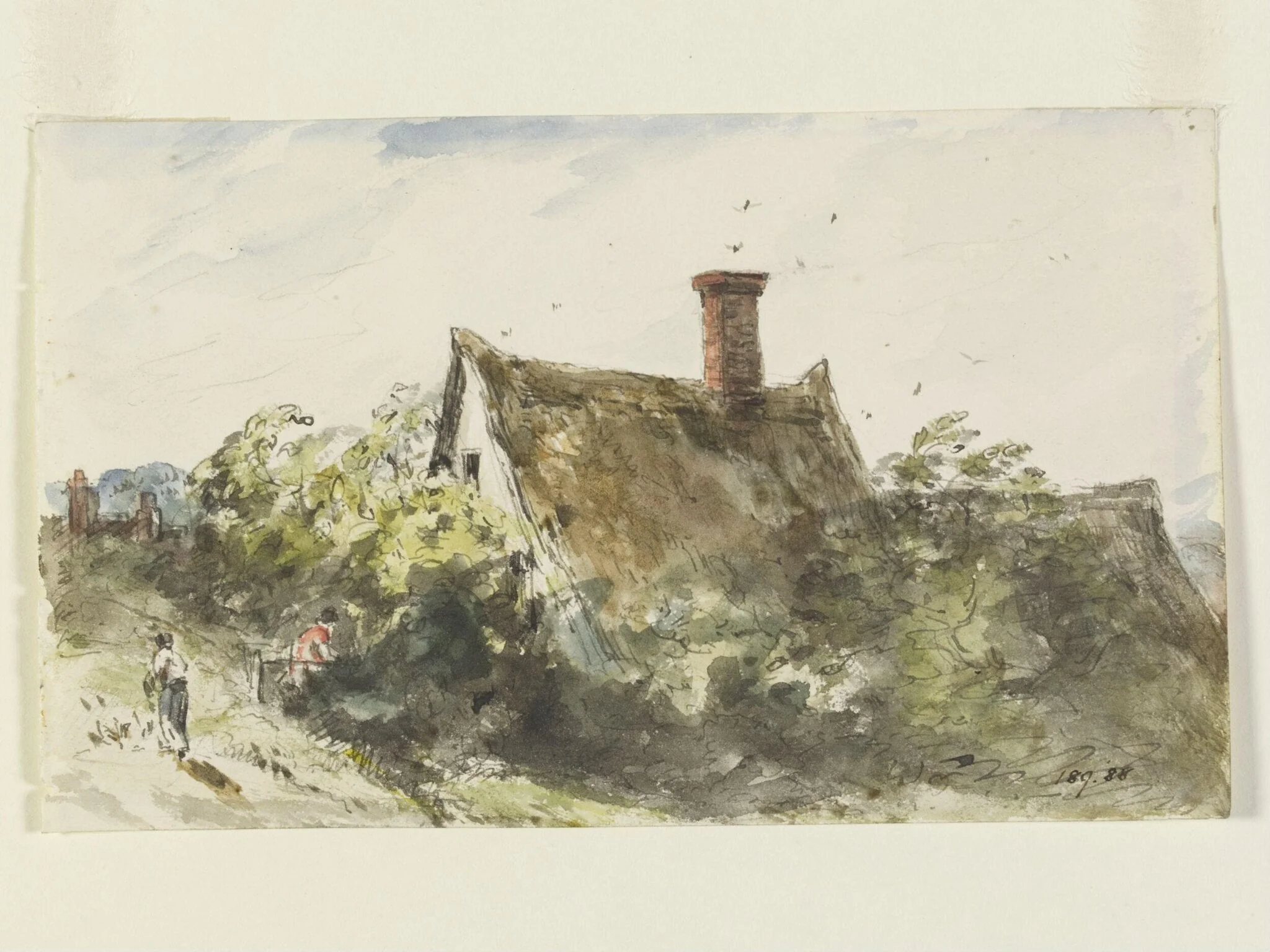 A thatched cottage and two figures, detail