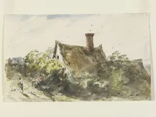 A thatched cottage and two figures, by John Constable, watercolor, 1832