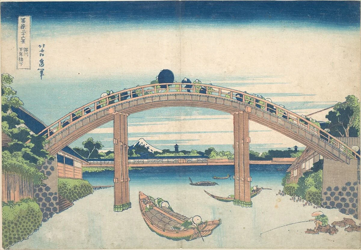 冨嶽三十六景 深川万年橋下|Under the Mannen Bridge at Fukagawa (Fukagawa Mannenbashi shita), from the series Thirty-six Views of Mount Fuji (Fugaku sanjūrokkei), detail
