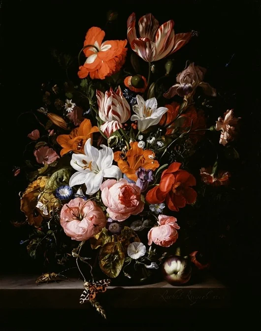 Flowers in a glass vase on a marble table, detail