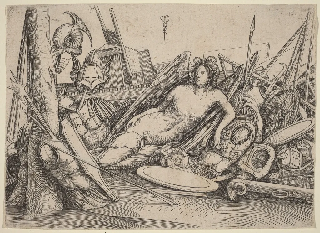 Victory Reclining Amid Trophies, by Jacopo de' Barbari, ink, 1502