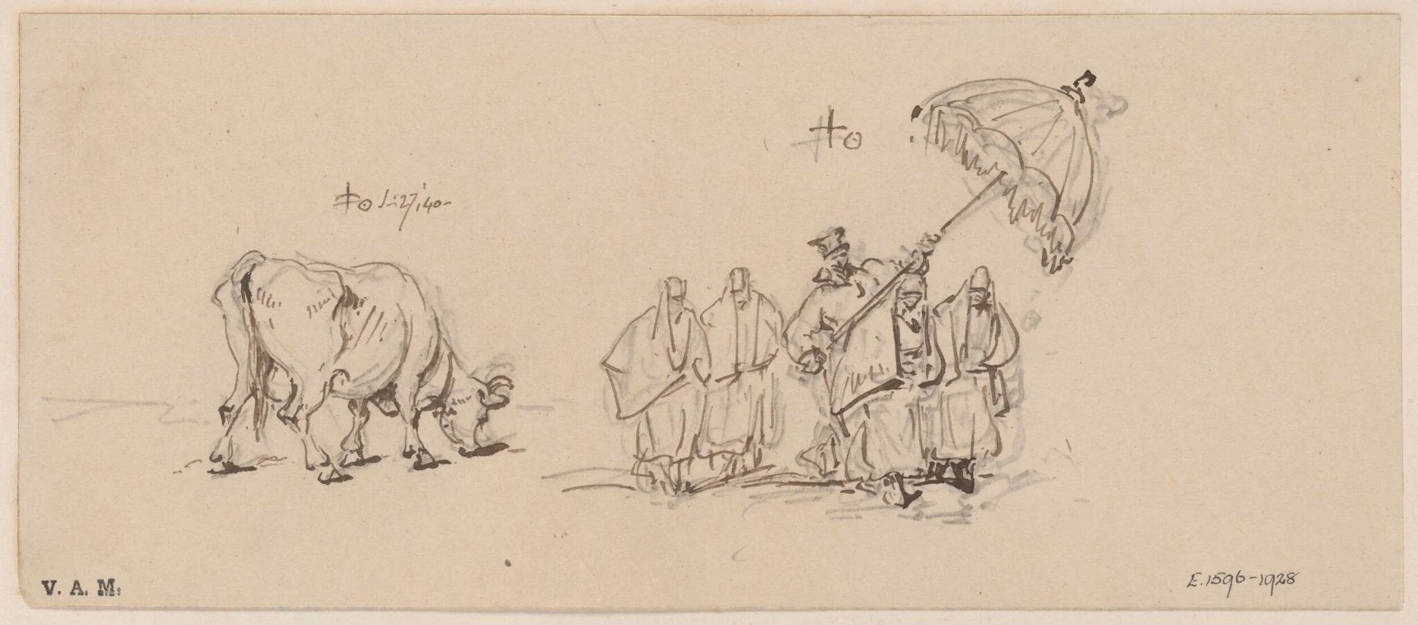 A priest leading three women, and a cow, detail