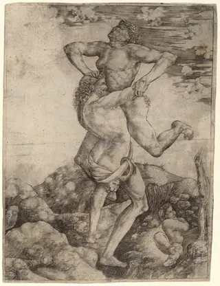 Hercules and Antaeus, by Cristofano Robetta, ink, 1500