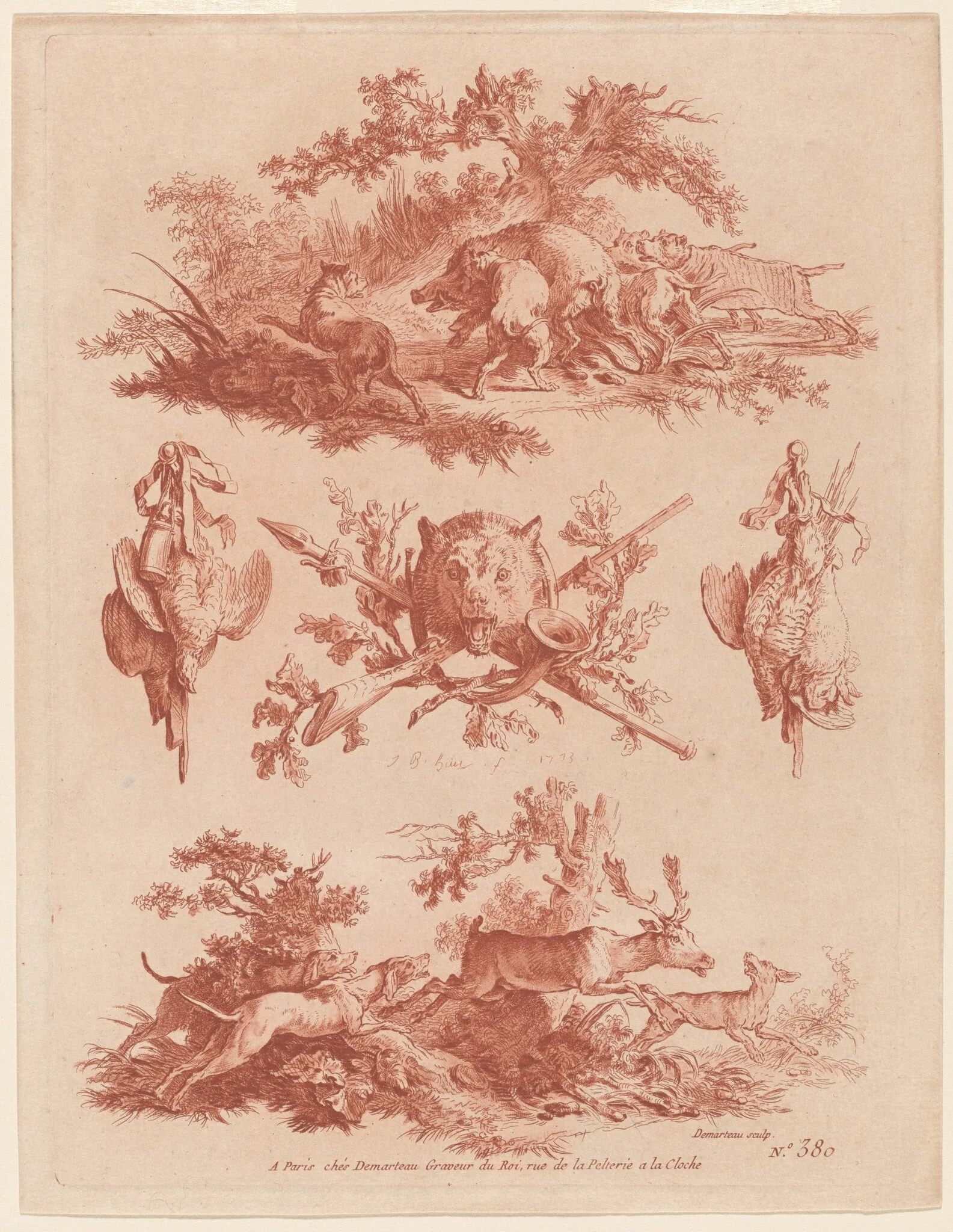 Hunting Trophies and Vignettes with Dogs Chasing a Boar and a Stag, detail
