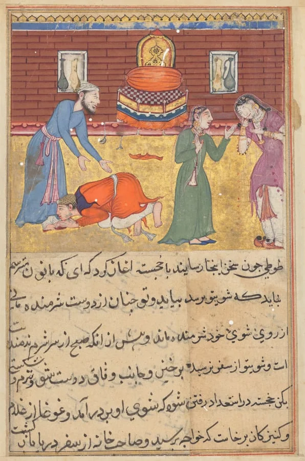 The pious man’s son, now a king, reveals himself to his father; his nurse upbraids his unfaithful mother, from a Tuti-nama (Tales of a Parrot): Fifty-second Night, detail