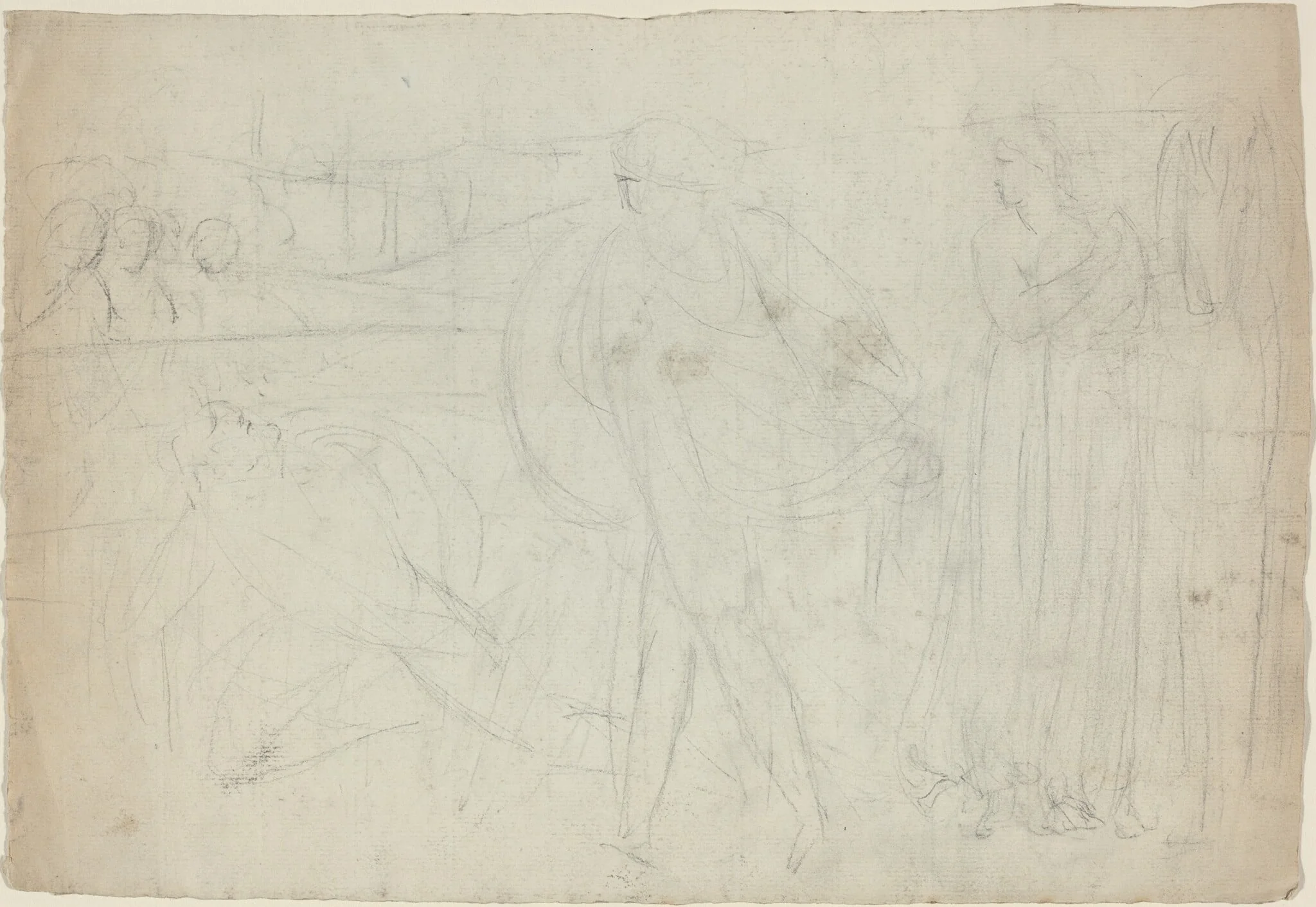 Sketch of a Swordsman Standing Over His Defeated Opponent [recto], detail