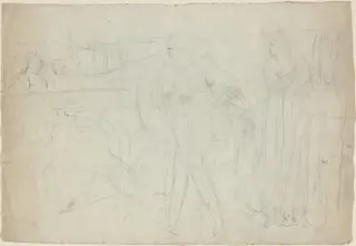 Sketch of a Swordsman Standing Over His Defeated Opponent [recto], by William Blake, graphite, 1782