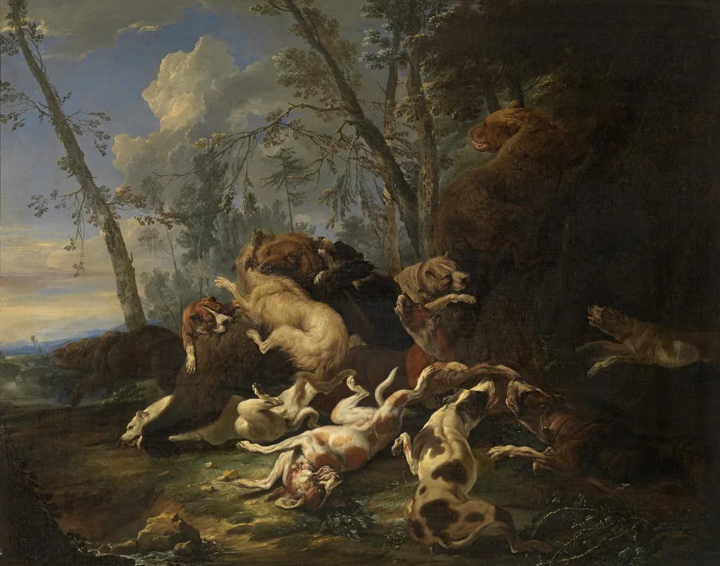 Bear Hunt, by Carl Borromäus Andreas Ruthart, oil, 1676