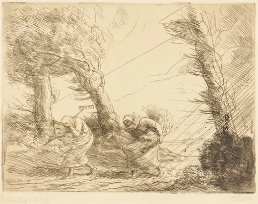 Harvesters Surprised by the Storm (Moissonneuses surprises par l'orage), by Alphonse Legros, ink, 1874