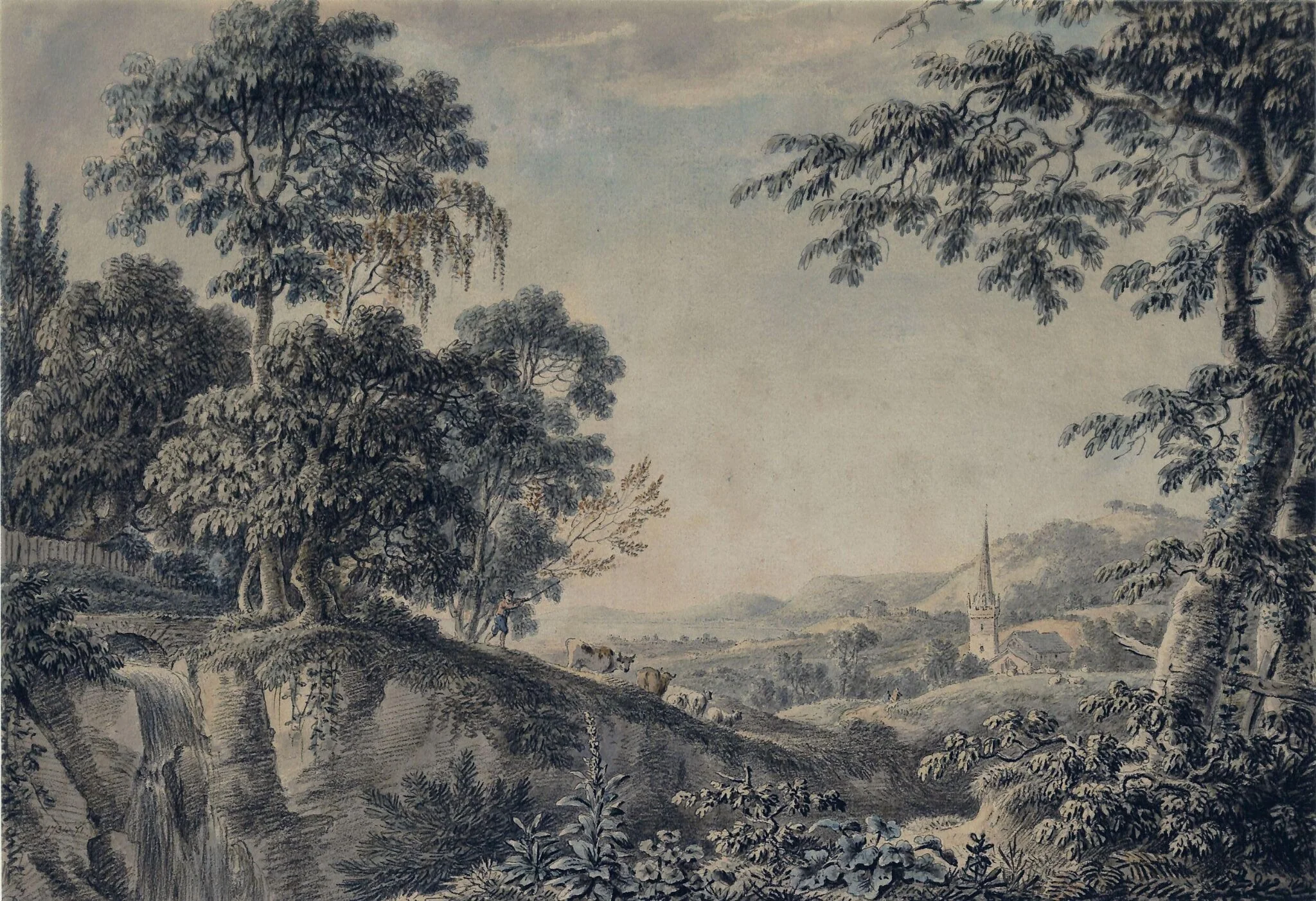 Landscape with church and cattle, detail