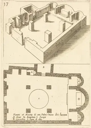 Plan and Elevation of the Church of S. Iacoma, by Jacques Callot, ink, 1619