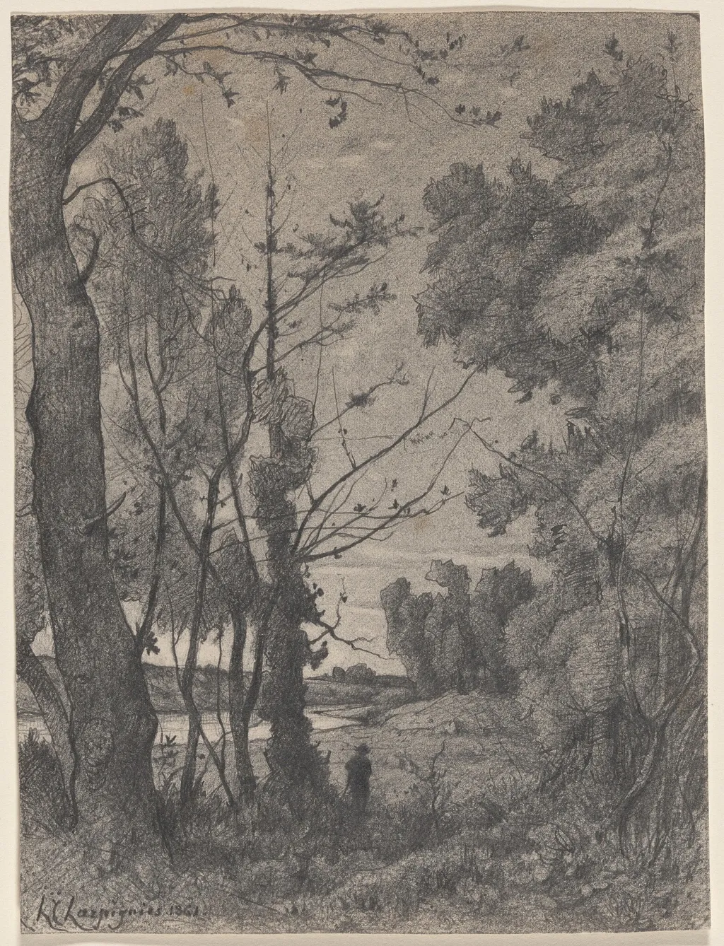 Wooded Landscape beside a River, by Henri-Joseph Harpignies, graphite, 1861
