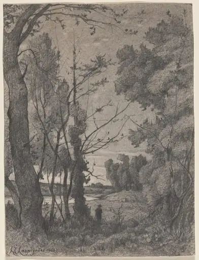 Wooded Landscape beside a River, by Henri-Joseph Harpignies, graphite, 1861