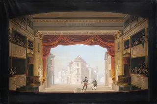 Det indvendige af Det kgl. teater under fremstillingen af Jacob v. Thyboe, by Christian Ferdinand Christensen, unspecified, 1820