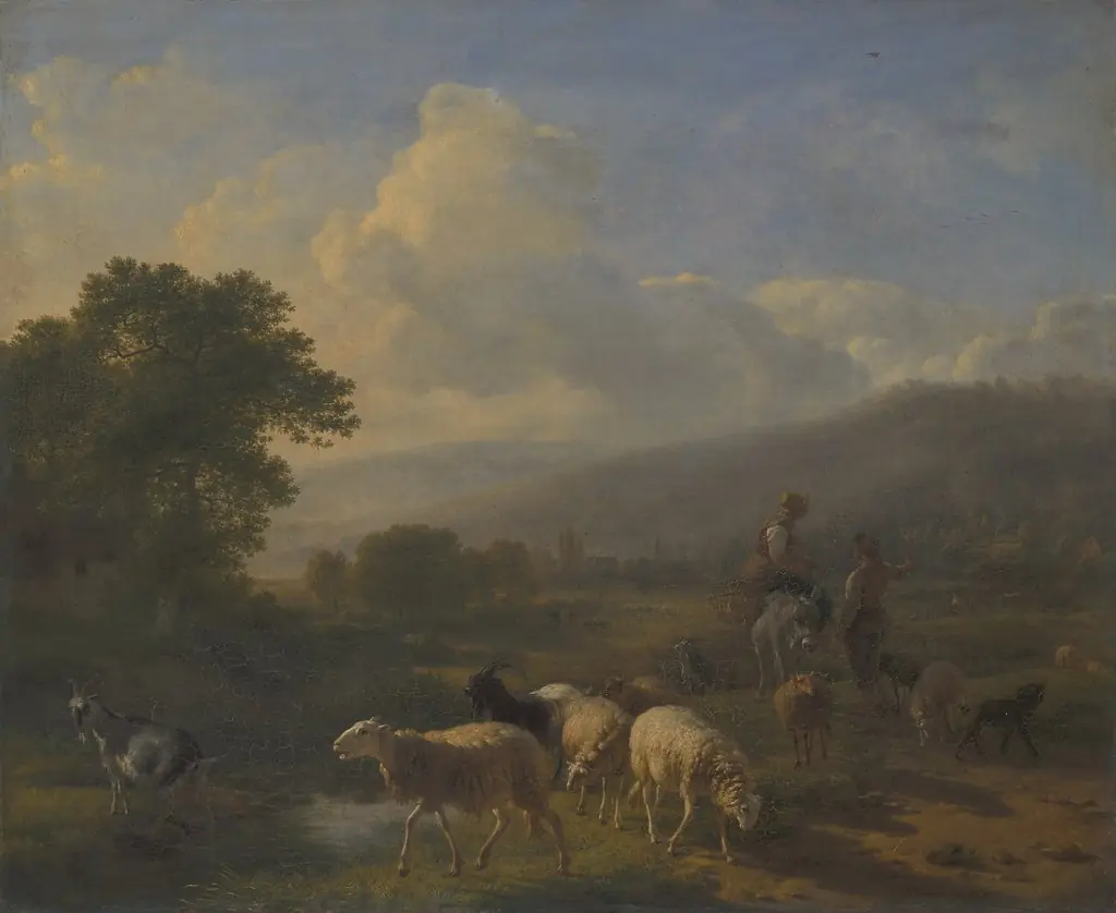 Shepherds with Sheep in a Mountainous Landscape, by Balthasar Paul Ommeganck, oil, 1800
