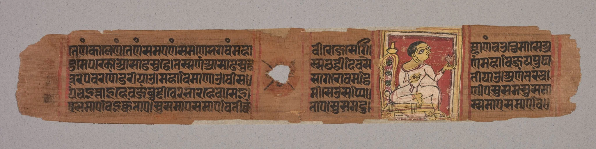 Leaf from a Jain Manuscript: Kalpa-sutra: Monk Holding a Flower (recto); Leaf from a Jain Manuscript: Kalpa-sutra: text describing descent of Mahavira into the womb of the Brahman woman Devananda (verso), detail