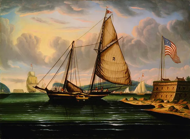Thomas Chambers, New York Harbor with Pilot Boat "George Washington." The sea is built from ridged parallel strokes; the clouds are scrolled into firm relief. Clarity beats atmosphere at every turn.