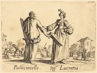 Pulliciniello and Siga. Lucretia, by Jacques Callot, ink, 1622