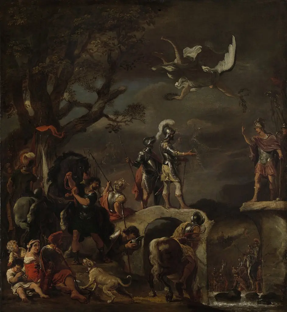 The peace negotiation between Claudius Civilis and Quintus Petillius Cerealis on the demolished bridge, by Ferdinand Bol, oil, 1660