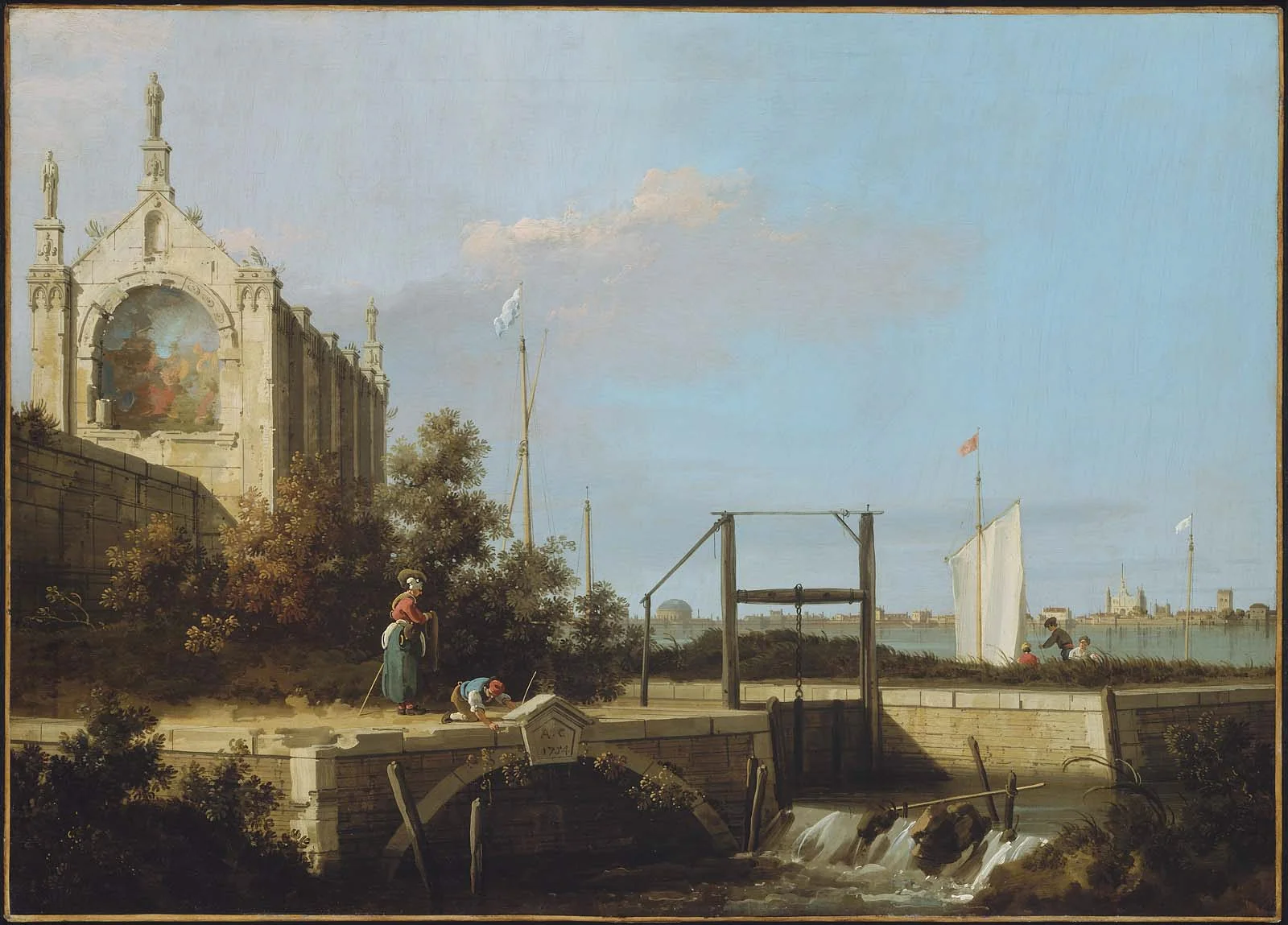 Capriccio: A Sluice on a River with a Chapel, detail