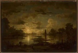 Moonlit night at the lake, by Georg Saal, oil, 1859