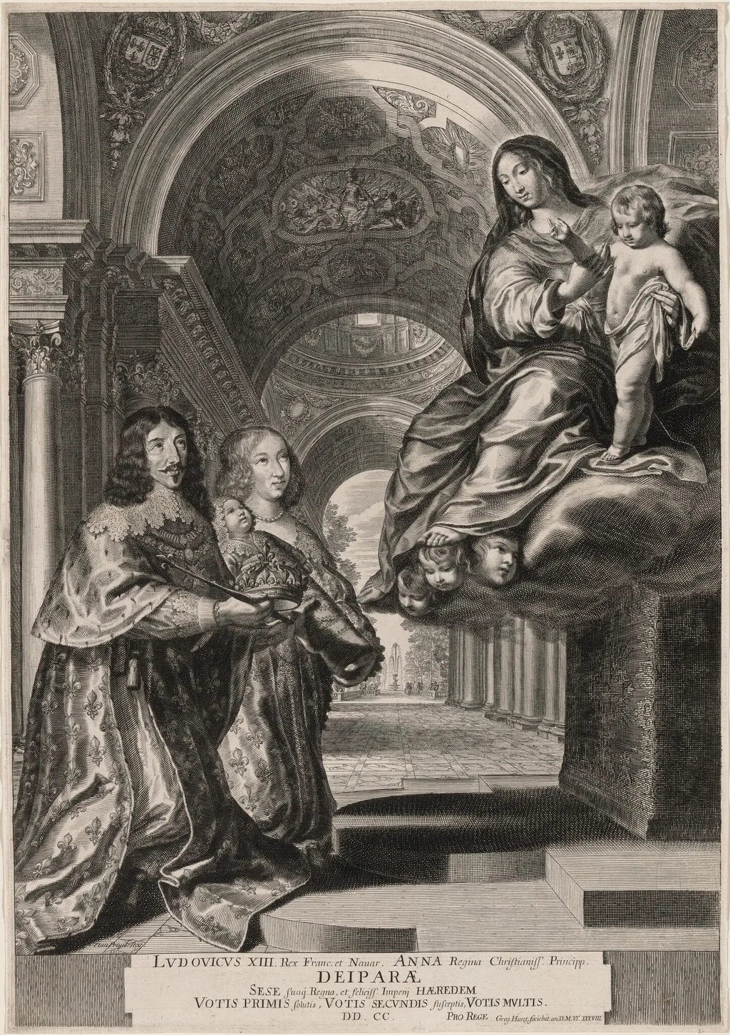 The Vow of Louis XIII (Louis XIII and His Wife, Anne of Austria, Entrusting the New Prince and the Crown to the Virgin), by Grégoire Huret, ink, 1638