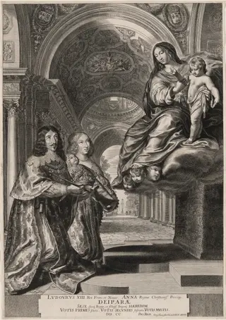 The Vow of Louis XIII (Louis XIII and His Wife, Anne of Austria, Entrusting the New Prince and the Crown to the Virgin), by Grégoire Huret, ink, 1638