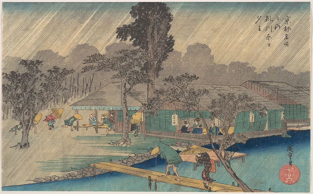 京都名所之内 糺川原之夕立|Tea-houses on the Bank of the Tadasu River in a Shower, detail